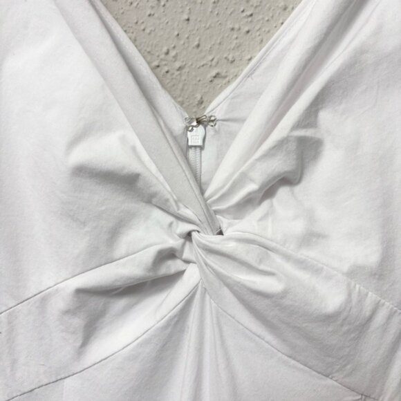 STAUD Finely Twisted Front Midi Dress Classic White V-Neck Puff Sleeve, Size 8 - Picture 3 of 14